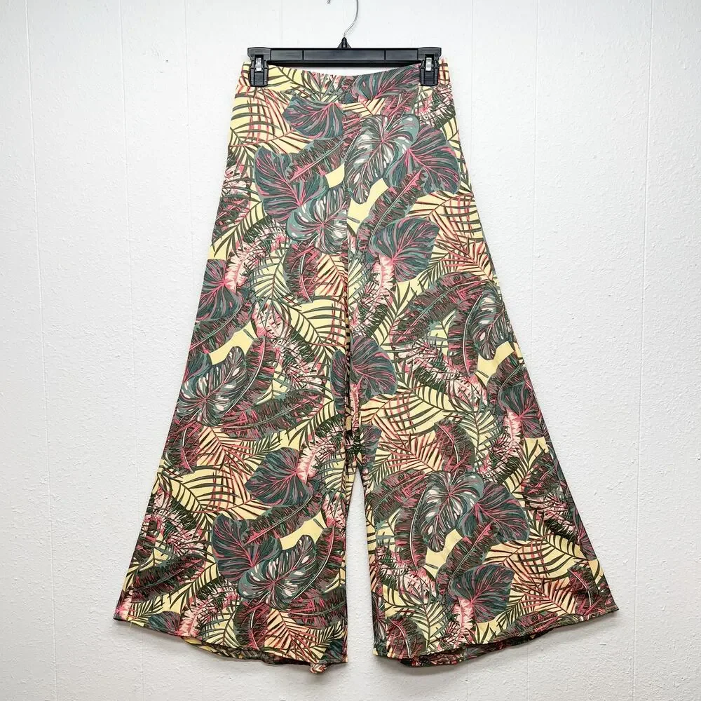 Pull On Wide Leg Cropped Floral Pants Womens Small Beachy Boho Tropical